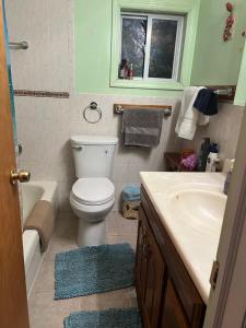 a bathroom with a toilet and a sink and a mirror at Choice home in West Babylon +36 photos