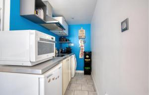 eine Küche mit blauen Wänden und einer Mikrowelle in der Unterkunft Charmante Maison Proche Plage in Royan