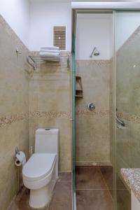 a bathroom with a toilet and a glass shower at Terrazas Rodadero Santa Marta in Santa Marta
