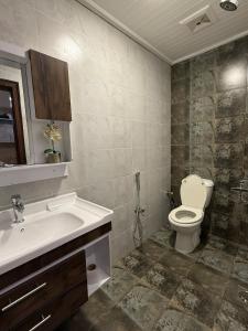 a bathroom with a toilet and a sink at Casa Bianca- Flat in Islamabad in Islamabad
