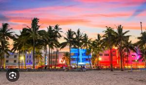 a beach with palm trees in front of a building at 5 Star Feel in Miami Prime Location in Miami