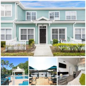 un collage de photos d'une maison bleue dans l'établissement 2222-3-SV-Charming condo, à Kissimmee