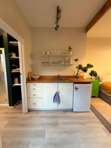 une cuisine avec un réfrigérateur blanc et un évier dans l'établissement Sleepout on Stone St, à Wanaka