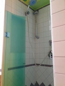 una doccia con porta verde in bagno di Casa Vacanze Seahorse a Salerno