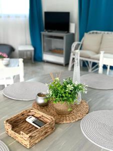 a table with a tray with a cell phone and plants at Irenes Apartment in Larnaca