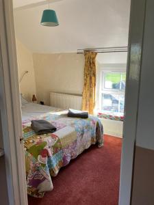 ein Schlafzimmer mit einem Bett mit zwei Kissen darauf in der Unterkunft Cosy cottage in Snowdonia hamlet in Frongoch