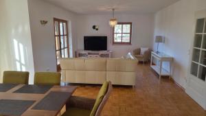 a living room with a television and a table and chairs at Ferienwohnung Dirscherl in Tiefenbach
