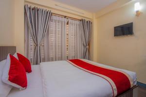 una camera da letto con un letto con cuscini rossi e una TV di OYO 297 Hotel Aayam a Kathmandu