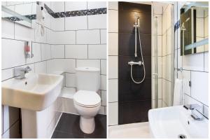 a bathroom with a toilet and a sink and a shower at London Guest House by OYO - Acton in London +45 photos