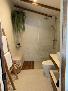 un bagno con doccia e WC di Boutique Beach Cottage - Steps to Beach a Nathon Bay
