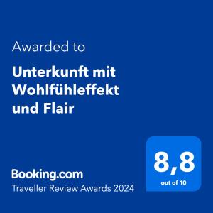 Certifikát, hodnocení, plakát nebo jiný dokument vystavený v ubytování Unterkunft mit Wohlfühleffekt und Flair