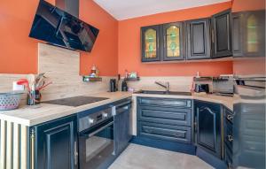a kitchen with blue cabinets and an orange wall at Pet Friendly Home In Les Arcs in Les Arcs sur Argens