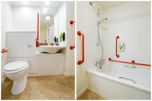 two pictures of a bathroom with a toilet and a sink at OYO Lakeside Haydock Hotel, St Helens, A580 East Lancs, Garswood Old Road in Saint Helens +31 photos