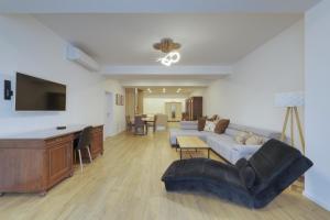 a living room with a couch and a tv at Shone apartment old town 2 bedroom in Bratislava
