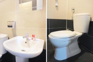 two pictures of a bathroom with a toilet and a sink at Hotel O Utama Inn in Bintulu +44 photos