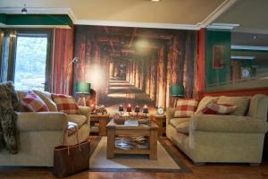 a living room with two couches and a wall mural at GRAN CHALET HOTEL & PETiT SPA WELLNESS in Vielha