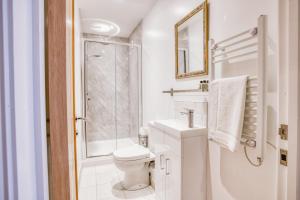 a white bathroom with a toilet and a shower at Suite 3 - 1 Bed Apartment King Size Bed in Lincoln +3 photos