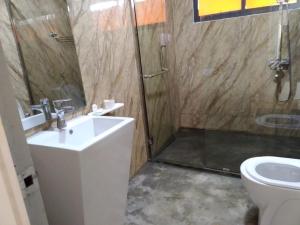 a bathroom with a shower and a sink and a toilet at Kitty cointainer bungalow ambewela - kcb ambewela in Nuwara Eliya +25 photos