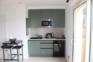 een keuken met blauwe kasten en een zwarte koelkast bij Appartement de luxe, balnéo, vue lac & lit suspendu in Casteljaloux +12 foto's