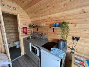a kitchen in a tiny house with a sink at Heb Pods - North Pod in Uig