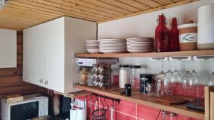a kitchen with a shelf with dishes and a microwave at Villa Roza in Murarátka