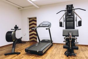 ein Fitnessstudio mit zwei Ergometern und einem Laufband in der Unterkunft Hotel Madrisa in Gargellen
