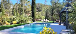 einen Pool in einem Garten mit Bäumen in der Unterkunft Les Cyprès de Chaume in Vidauban