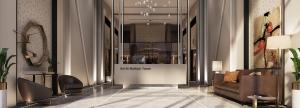 a lobby with a couch and a sign on the wall at Dar Al Mashaer Luxury Apartment #112 in Mecca