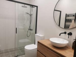 une salle de bain avec toilettes, lavabo et miroir dans l'établissement Apartamento AIIA, à Ribadeo