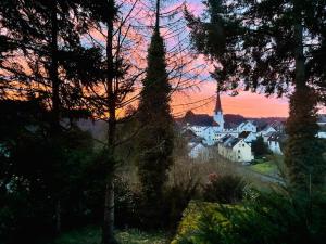 a view of a town at sunset with trees at Maison Manderscheid, Vulkaneifel in Manderscheid