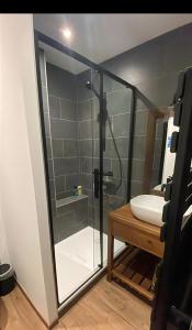 a bathroom with a glass shower and a sink at 'Le Bellevue' coté Montagne BY P&T in Font-Romeu