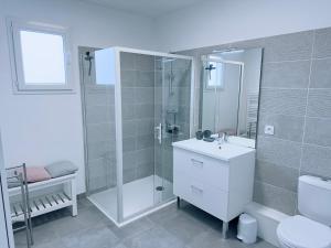 W łazience znajduje się prysznic, umywalka i toaleta. w obiekcie VILLA MOANA w mieście Andernos-les-Bains