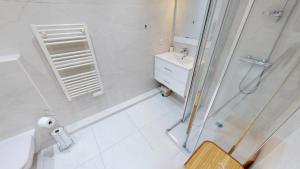 a bathroom with a shower and a sink at Superbe T2 refait à neuf avec balcon vue montagne à un arrêt de Monaco in Roquebrune-Cap-Martin +5 photos