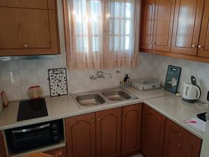 a kitchen with wooden cabinets and a sink at Villa Angela, seafront apartments, Almiros beach in Almiros Beach +65 photos