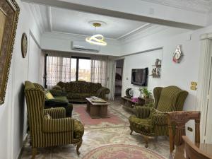 a living room with a couch and chairs and a table at Nile View Apartment - Fully Furnished in Cairo
