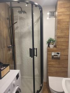 una ducha con puerta de cristal en un baño en Apartament M&K z widokiem na Stare Miasto, en Zamość 20 fotos más
