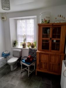 Un baño con inodoro, ventana y armario. en Kirkton Cottage whole house in Cairnie Aberdeenshire, en Rothiemay Station