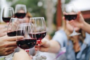 a group of people holding up glasses of wine at paysmillereves in Fumel