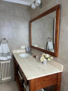 un baño con lavabo y espejo en Departamento en Playa Varese, en Mar del Plata 36 fotos más