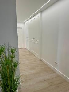 Habitación vacía con paredes blancas y suelo de madera. en Fogar de Fefiñáns, en Cambados