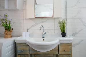 ein weißes Waschbecken im Bad mit Pflanzen in der Unterkunft Villa МareMaria in Nea Kallikratia + 18 Fotos