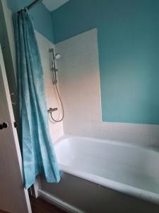 a bath tub with a blue shower curtain in a bathroom at Carlcroft Cottage in Alwinton +12 photos