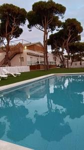a swimming pool in front of a house with trees at Apartamento Mistral 5, con piscina y parking. in Chiclana de la Frontera