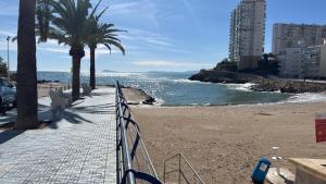 a sandy beach with palm trees and the ocean at Bahia Park Résidence in Cullera
