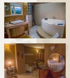 two pictures of a bathroom with a tub and a sink at Bella Tierra Hotel Boutique in Tibasosa
