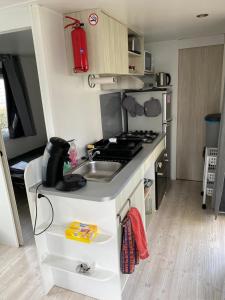 塞里尼昂Mobile home 4-6 places camping les sables du midi的带水槽和炉灶的小厨房