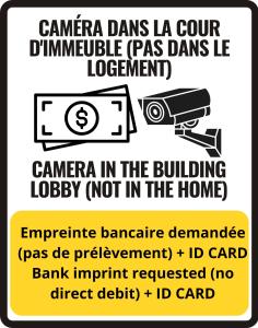 ein Schild, auf dem steht, dass Kamera im Gebäude die Ladepolitik baut in der Unterkunft LE LUXURY LOFT - CENTER l DECEMBER MAR-KET l EUROPEAN PARLIAMENT l PARKING l NETFLIX - SPACIOUS & UNIQUE - LE LUXURY LOFT - CENTRE l MARCHÉ DE NOËL l PARLEMENT EUROPÉEN l PARKING l NETFLIX - SPACIEUX & UNIQUE in Straßburg