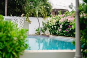 - une piscine fleurie et une clôture blanche dans l'établissement Tropical Stay at Puru Resort, à Willemstad