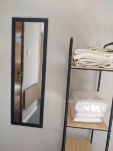 a mirror on a wall next to a shelf with towels at Brota na Lapa in Rio de Janeiro
