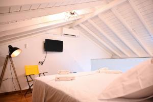 a bedroom with a bed and a tv on the wall at Plakares Studio 1 in Kithnos +8 photos